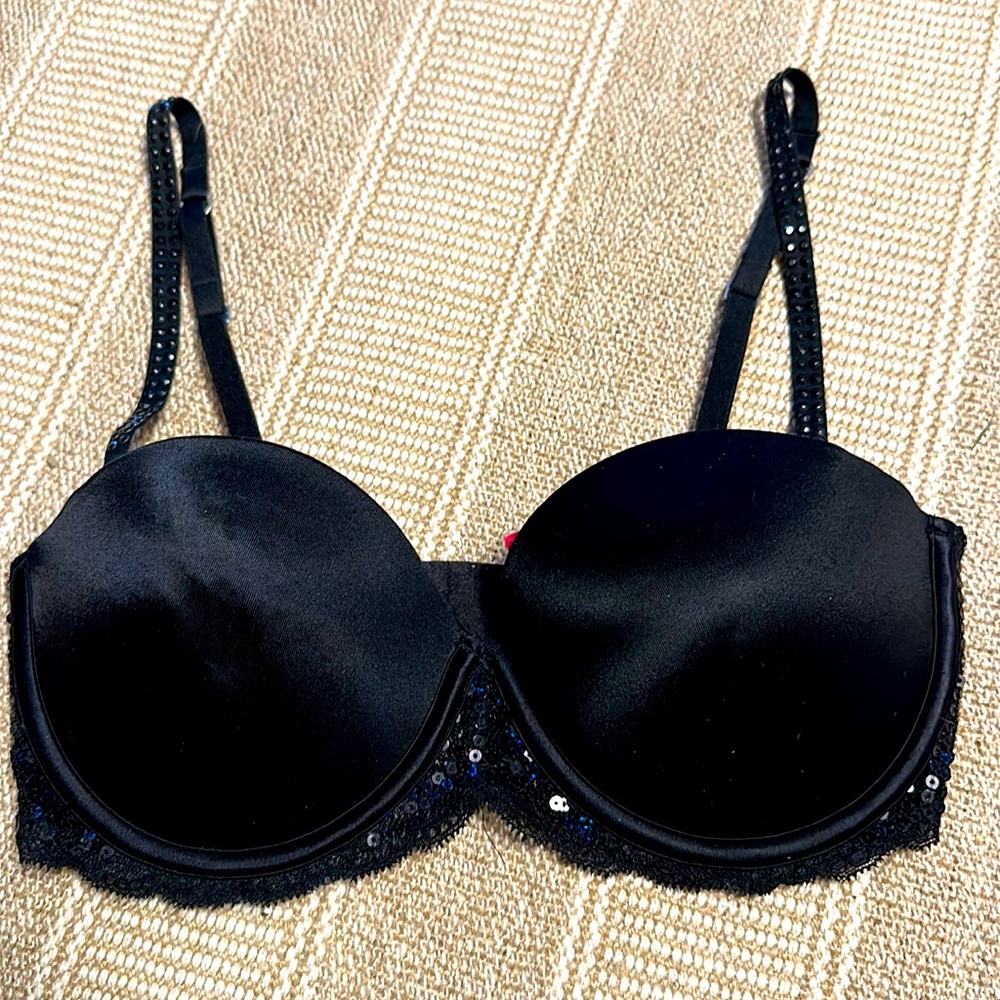 VICTORIAS SECRET PINK MULTI WAY BLACK SEQUINS & GEMSTONES CONVERTIBLE BRA 34 C
